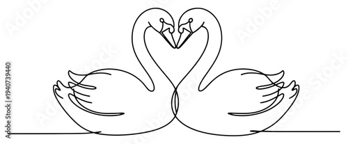 Two swans forming heart shape with necks continuous line drawing, love and partnership symbol