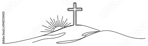 Christian cross on hill with rising sun continuous line drawing, Easter resurrection and hope concept