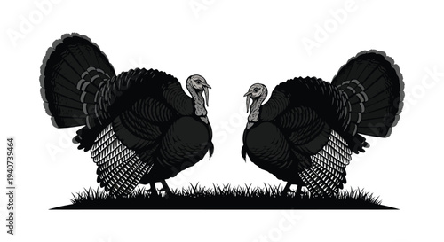 Two wild turkeys stand facing each other amidst grassy terrain showcasing a striking black silhouette high quality professional detailed modern elegant