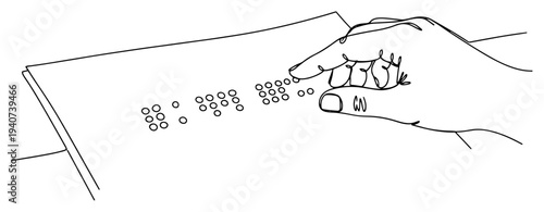 Hand reading Braille text on paper continuous line drawing, accessibility and blindness awareness