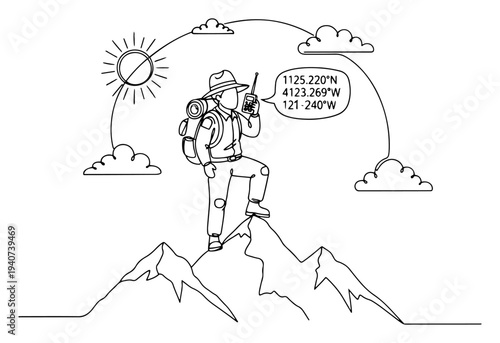 Hiker on mountain top with radio and GPS coordinates continuous line drawing, adventure and navigation