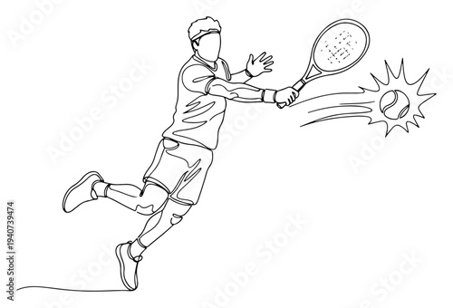 Male tennis player hitting ball in motion continuous line drawing, professional athlete sports concept