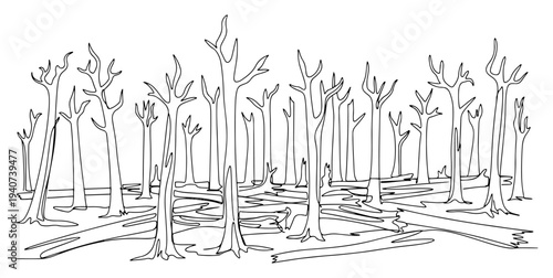 Bare dead trees in forest continuous line drawing, deforestation and environmental drought landscape