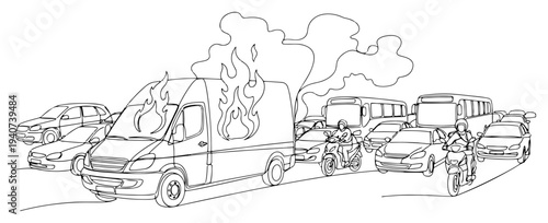 Van on fire in city traffic jam continuous line drawing, vehicle accident and emergency on busy road