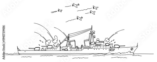 Battleship warship in sea battle with fighter planes continuous line drawing, naval warfare action