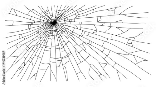 Broken shattered glass with radial cracks continuous line drawing, destruction and accident concept