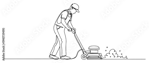 Professional cleaner using floor polishing machine in continuous line drawing style, janitor cleaning service