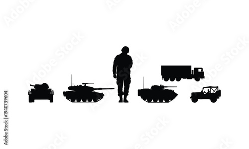 Silhouettes of military vehicles and a soldier against a white background