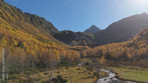 Golden trees line mountain valley. Clear stream winds through grassy meadow. Rugged peaks rise under bright blue sky. Sunlight glints off distant mountain slopes