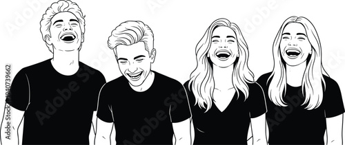 Group of happy young men and women laughing together in a line art illustration showing joy friendship and positive emotions isolated on white background