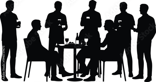 Large black silhouettes of diverse friends and men standing around a table enjoying a dinner party and social gathering isolated on white background for lifestyle