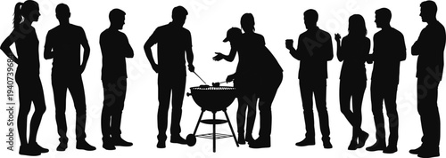 Large black silhouettes of diverse friends and people standing around a grill enjoying a barbecue party and social gathering isolated on white background for lifestyle