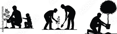 Large black silhouettes showing diverse people and children planting young trees and gardening together isolated on white background for environmental sustainability and nature concepts