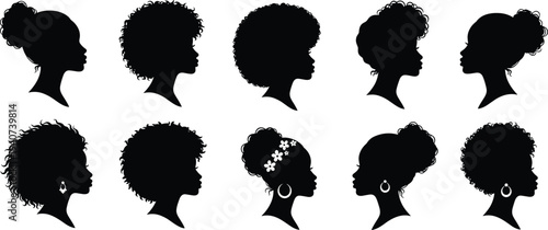 Large collection of black silhouettes showing diverse African American women with various natural afro hairstyles and curly hair profiles isolated on white background for beauty