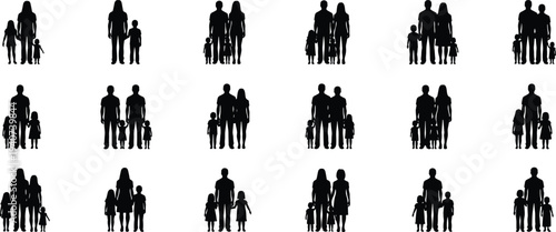 Large collection of black silhouettes showing diverse happy families with parents and children standing together isolated on white background for lifestyle and parenting designs