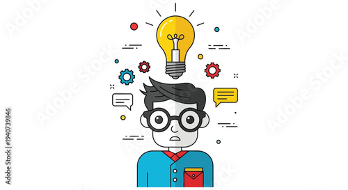 A colorful illustration depicts a head with a lightbulb representing ideas and innovation in a distinct silhouette high quality professional detailed