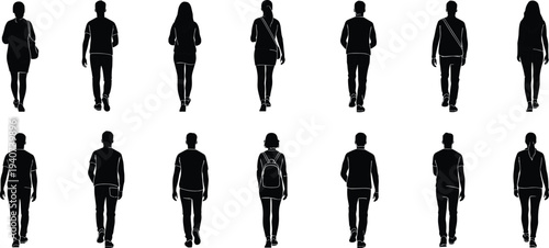 Large collection of black silhouettes showing diverse men and women walking away in casual clothes isolated on white background for urban and lifestyle designs