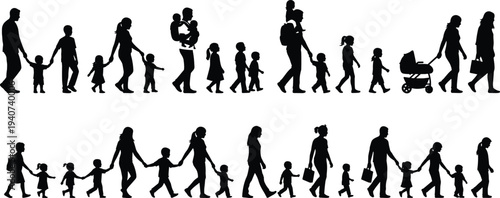 Large collection of black silhouettes showing diverse people and families with children walking and holding hands isolated on white background for lifestyle and parenting designs