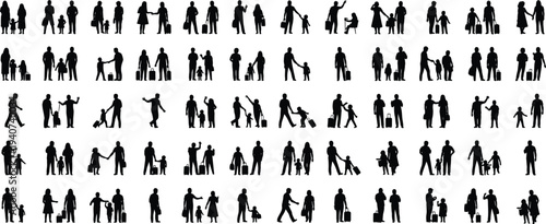 Large collection of black silhouettes showing diverse people families and couples carrying luggage and suitcases while traveling isolated on white background for tourism designs