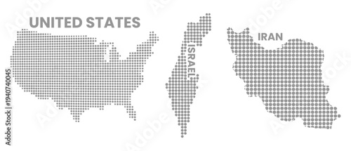 Dotted Pixel Maps of United States Israel and Iran Displayed Together for Geopolitical Comparison Infographic and International Relations Design