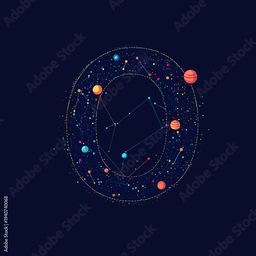 Abstract letter O composed of colorful planets stars and constellations in space cosmic galaxy design with dots and lines vector illustration