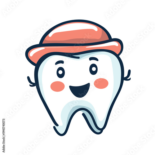 Happy smiling tooth cartoon character wearing red hat cute dental healthcare icon minimal vector illustration with friendly face and rosy cheeks for kid dentistry concept