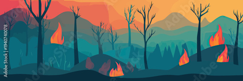 Wildfire forest landscape with burning trees flames smoke silhouette hills minimalistic flat vector illustration sunset background
