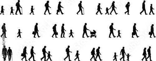 Large collection of black silhouettes showing diverse people men women and children walking in various groups and poses isolated on white background for urban designs