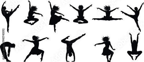 Large collection of black silhouettes showing diverse women and ballet dancers in various jumping poses and expressive graceful movements isolated on white background