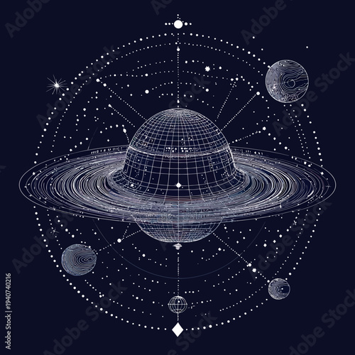 Abstract wireframe illustration of a ringed planet with orbiting celestial bodies and dotted space elements in minimalist vector style, cosmic universe concept art for science and technology themes