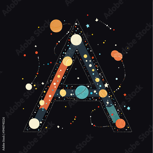 Abstract letter A composed of colorful planets, stars, and cosmic shapes in minimalist flat vector style on dark background for space concept design