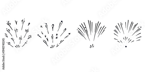 Set of four black hand-drawn confetti burst icons with rays, sparkles, and star shapes in minimalist flat style vector illustration