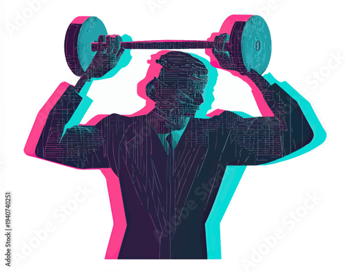 3D anaglyph effect businessman lifting barbell dumbbell glitch distortion vector illustration in flat minimalist style concept