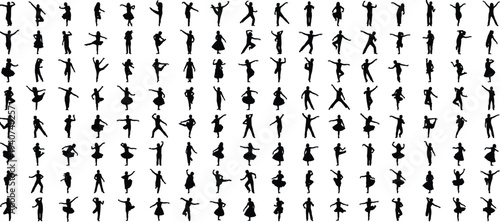 Large collection of black silhouettes showing people dancers and ballet performers in various dancing poses and expressive gestures isolated on white background for creative designs