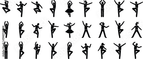 Large collection of black silhouettes showing people dancers and ballet performers in various jumping poses and expressive gestures isolated on white background for creative designs