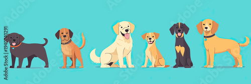 Flat minimalist vector illustration of six dogs in various breeds standing and sitting with blue background for pet or animal concepts and design elements
