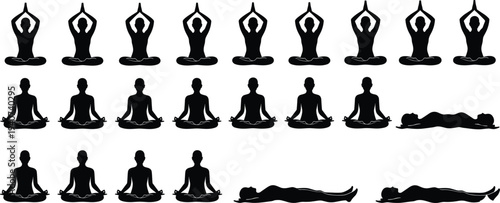 Large collection of black silhouettes showing people practicing yoga meditation and wellness poses in various sitting and lying positions isolated on white background for health designs