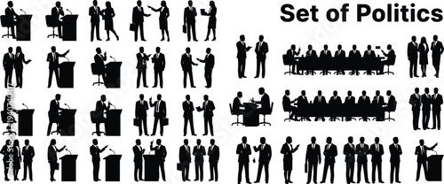 Large collection of black silhouettes showing professional politicians and government officials in meetings giving speeches and debating isolated on white background for political designs