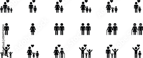 Large collection of black vector icons showing diverse people and families engaging in activities like standing walking parenting and senior care isolated on white background