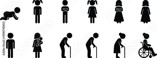 Large collection of black vector icons showing human life cycle from baby to elderly person including childhood adulthood and senior care isolated on white background