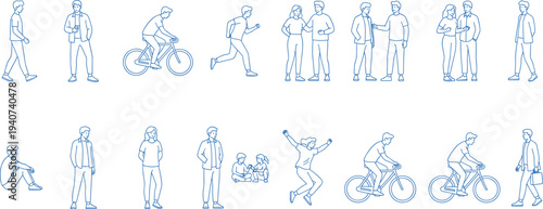 Large collection of blue outline icons showing diverse people engaging in activities like walking cycling running and talking isolated on white background for lifestyle designs
