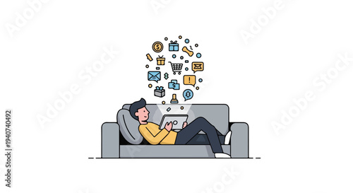 A man reclines on a gray couch, engrossed in a tablet with various social media and influence icons floating above him in a flat 2D composition against a clean white background.