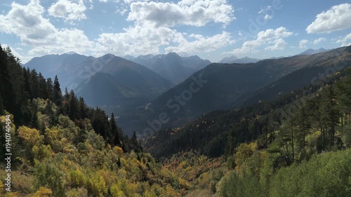 Golden trees blanket mountain slopes. Distant peaks rise under scattered clouds. Vibrant valley glows in late autumn light. No people, only nature's quiet majesty