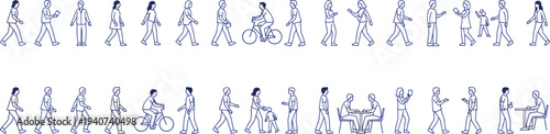 Large collection of blue outline icons showing diverse people walking cycling sitting and talking in various daily life activities isolated on white background for lifestyle