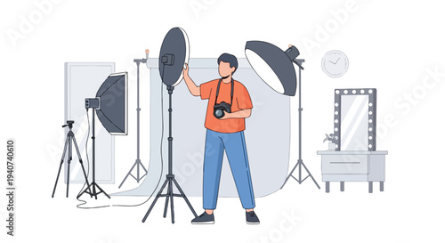 A photographer adjusting a softbox light in a photography studio setup with various equipment, conveying a creative and professional mood in a flat 2D illustration.