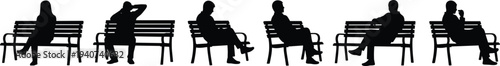 Set of black vector silhouettes featuring diverse people sitting on park benches, relaxing, reading, and resting for urban landscape, architectural scale, and outdoor design.