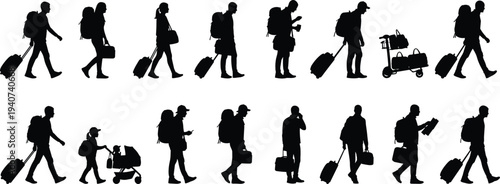Set of black vector silhouettes featuring travelers walking with suitcases, backpacks, rolling luggage, and parents with baby stroller for airport and travel design.