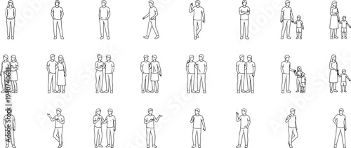 Set of minimalist line vector illustrations featuring people standing, walking, couples interacting, and parents with children for architectural scale figures and urban lifestyle design.