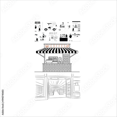 Black and white of a storefront with awnings and shelves