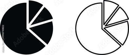 Pie chart black and white segments business data visualization isolated on transparent background, Vector